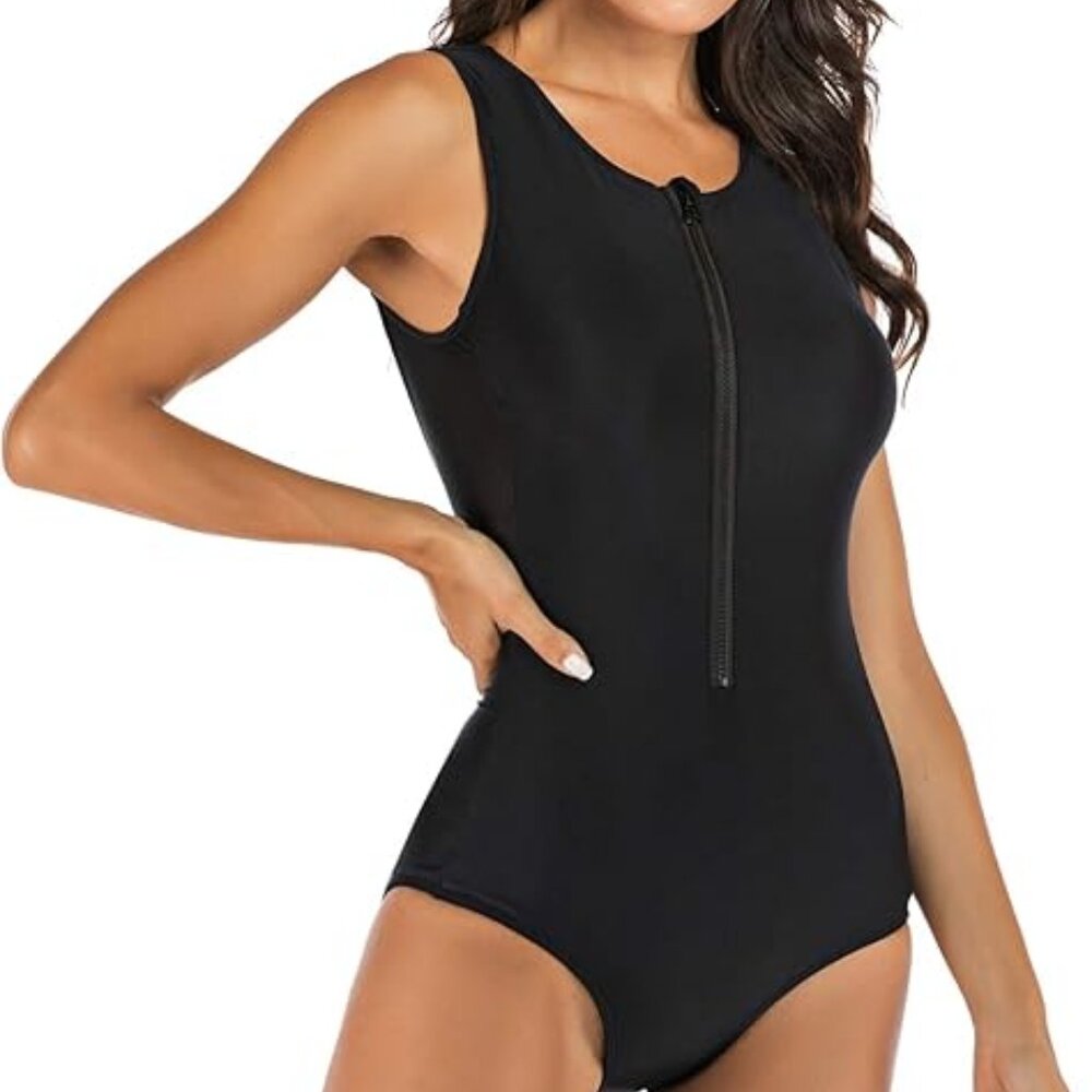 NEW Womens Rash Guard Zip Front Sleeveless One Piece Swimsuit SZ M